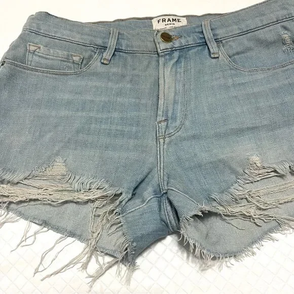 FRAME Le Cut Off Denim Shorts Hurrah Light Wash Raw Hem Distressed Size 27